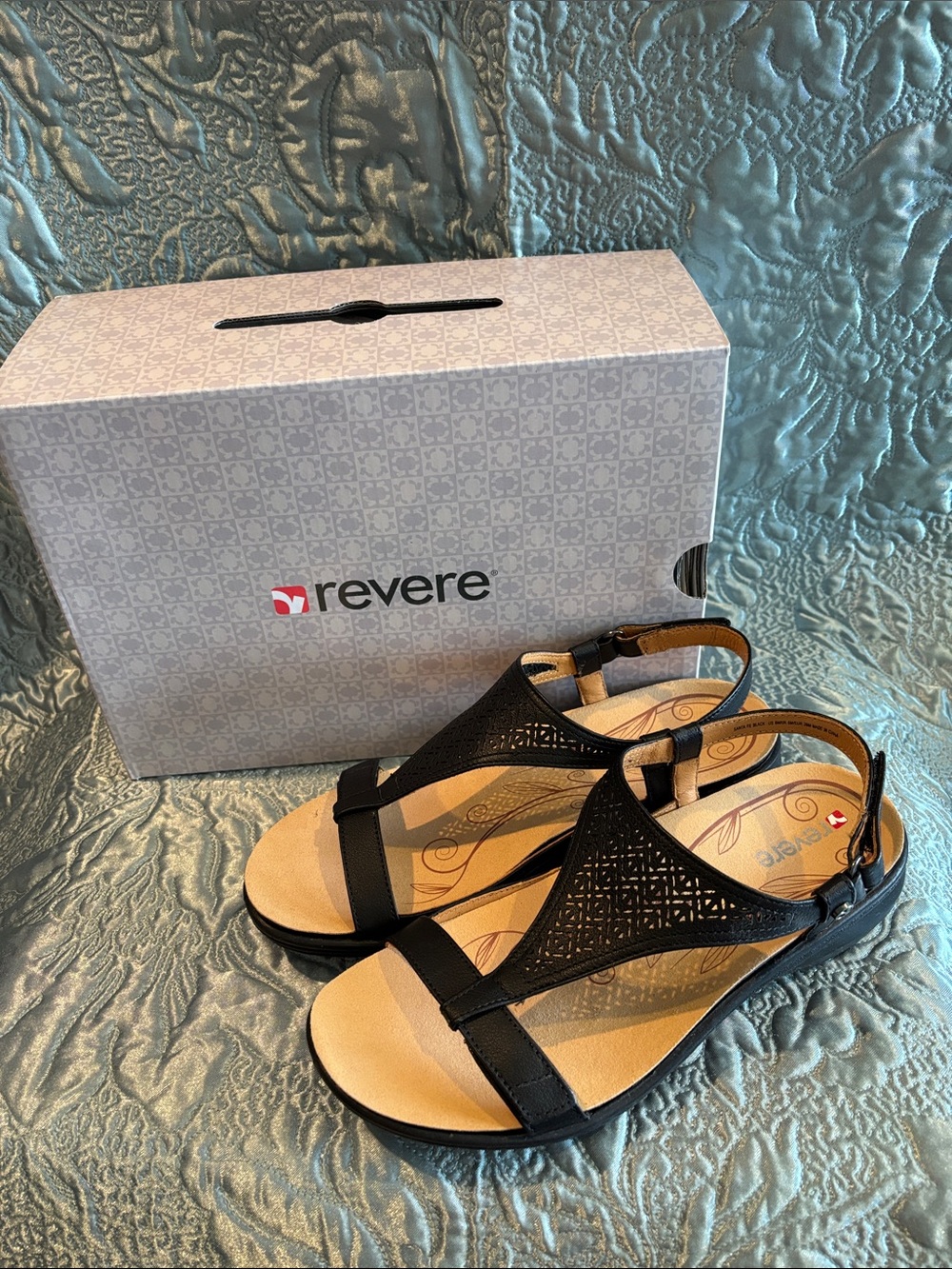 Revere Black Laser-Cut T-Strap Slingback Sandals